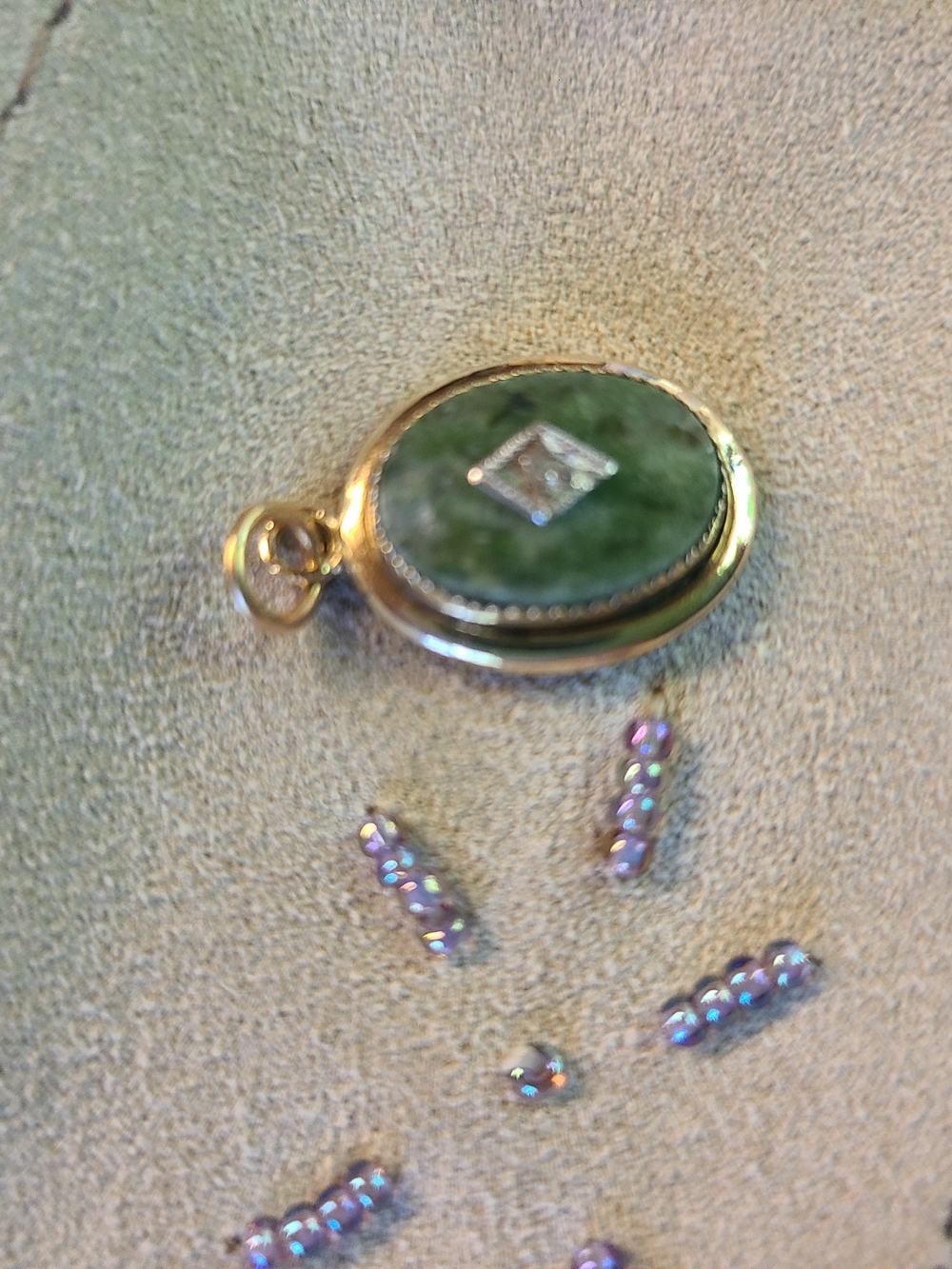 Antique Gold Green Stone Oval Pendant with Silver Accent - Picture 10 of 13